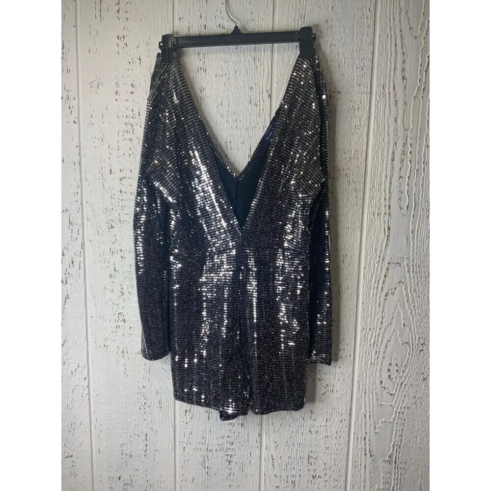 Black & Silver Sequin Long Sleeve Deep V-Neck Romper Womens med - Picture 3 of 10